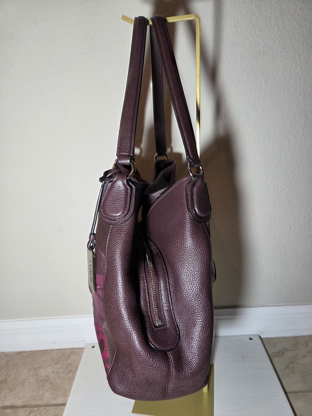 Coach Oxblood Patchwork Floral Print Edie Turn Lock Leather/Suede Shoulder Bag - Picture 3 of 8